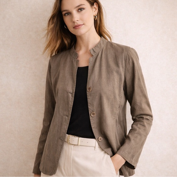 Eileen Fisher Jackets & Blazers - Eileen Fisher Taupe Collarless Button Front Jacket Women’s Small Minimalist Chic